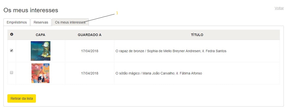 Menu de gestão dos interesses